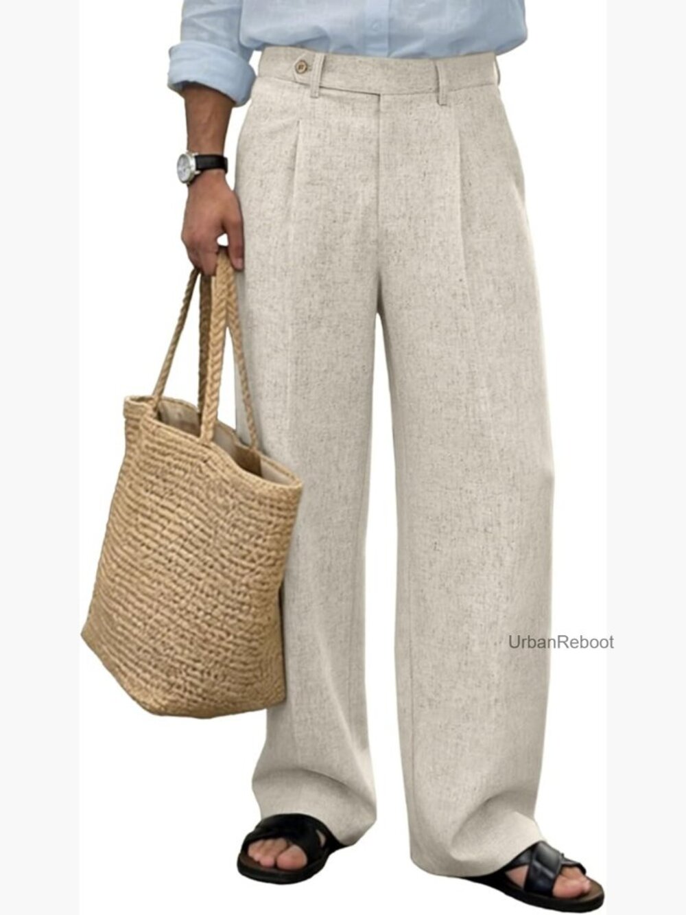 Linen Pleated Wide Leg Dress Pants Mid Rise Elastic Waist